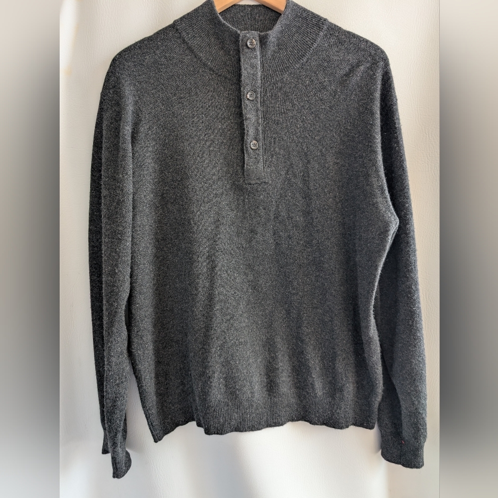 Lincs David Chu Cashmere Henley Tab Quarter Zip Grey Knit Pullover Sweater L